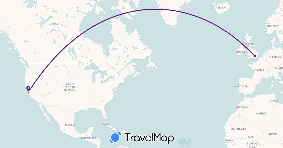 TravelMap itinerary: driving, flight in United Kingdom, United States (Europe, North America)